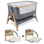 Tutti Bambini CoZee® Crib Bundle - Bedside Crib with 2 Sheets, Mattress Protector, and Mattress Included - Oak & Charcoal crib, Grey/Cloud sheets, Waterproof Protector (0-6 Months)