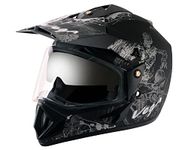 Vega Off Road Sketch ISI Certified Matt Finish Full Face Dual Visor with Peak Helmet for Men and Women Outer Clear Visor and Inner Smoke Sun Visor(Dull Black Silver, Size:M)