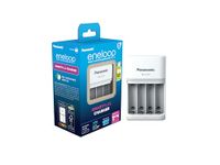 Panasonic eneloop SmartPlus charger for 1–4 AA/AAA Ni-MH batteries, with 4 LED indicators and 10 safety functions.