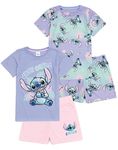 Disney Lilo And Stitch Girls Pyjama Set | 2 Pack Short Sleeve T-Shirt with Shorts PJs For Kids | Multicoloured Just Chill Alien All Over Print Graphic Movie Sleepwear Gift for Children