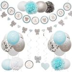 Elephant Baby Shower Decorations for Boy - Baby Shower Backdrop with Balloons, Its a Boy Banner, Paper Hanging Decorations and More Party Decor/Gender Reveal Decorations (Gray)