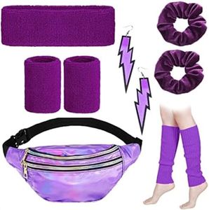 WUERKIYA 80s Women Neon Leg Warmers Headband Wristbands Holographic Fanny Pack Sport Accessories Set for 80s Eighty's Party Yoga RunningHiking Traveling,Neon Purple, 80s Neon Party Set