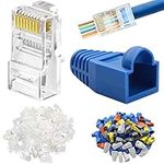 DKARDU RJ45 CAT5 Cat6 Connectors Ends Pass Through Ethernet 8P8C UTP Network Plug for RJ45 Cable, 50 PCS Transparent RJ45 Crimp Male, with RJ45 Boot Cover 5 Colors