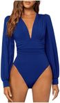 GORGLITTER Women's Sexy Ruched Deep V Neck Long Sleeve Bodysuit Plunging Neckline Leotard Shirts Royal Blue Medium
