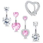 Diamday 5pcs Belly Button Bars 316L Surgical Steel Belly Bars Piercing CZ Heart Belly Rings 14G Reverse Belly Button Piercing Pink Belly Bars Dangly Belly Barbell Navel Bars Piercing Jewellery 10mm