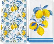 Lemon Kitchen Dish Towel 18 x 28 Blue Yellow Lemon Dishcloth Watercolor Farmhouse Lemon Decorative Hand Drying Tea Towel for Spring Summer Kitchen Cooking Baking Cleaning, 2Pcs