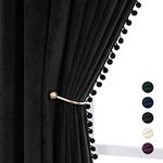 Pompom Velvet Curtains for Bedroom Rod Pocket 52x84 inch Soft Blackout Window Curtains Room Darkening Drape Light Blocking for Living Room 2 Panels,Black