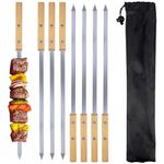 KEYIDO® 42cm Turkish Adana Flat Kebab Skewers with Beech Wood Handles, 8 Pack Heavy Duty Stainless Steel Long Barbecue Skewers, Large Metal BBQ Skewers with Storage Bag (16.5")