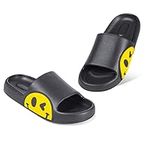 Uonesone Womens Slides,Pillow Slippers Sandals for Men,Unisex Non slip Quick Dry Shower Shoes Indoor Outdoor Open Toe Spa Bath Pool Gym House Casual Massage Smile Face Slippers, Black, 13-14