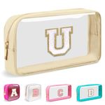 Mini Clear Personalized Initial Makeup Bag, Nylon Preppy A-Z Chenille Letter Patch Zipper Cosmetic Bag, Small Cute Pouch Travel Coin Purse Toiletry Bag, Small-Beige, U