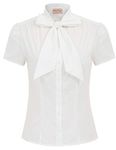 Belle Poque White Blouse Women Summer Short Sleeve Button Down Shirt Tops with Bow Tie(White,S)