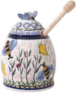 ZOOBEE 10oz Ceramic Honey Pot with Dipper and Lid, Handpainted Honey Dispenser with Bee-Themed, Dishwasher-safe Honey Jar for Kitchen-Lavender Allure