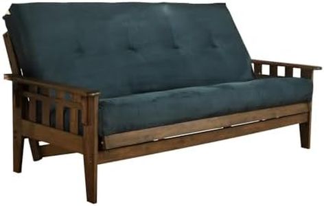Jerry Sales FutonX Rustic Walnut Frame and Mattress Set with Choice to add Drawers, 8 Inch Innerspring Futon Sofa Bed Full Size Wood (Blue Matt and Frame (No Drawers))
