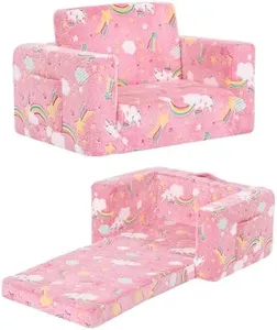 Givjoy Toddler Chair Kids Couch, 2-in-1 Comfy Armchair with Removable and Washable Cover Carrying Handle, Convertible Reading Chair Toddler Couch for Girls and Boys, Pink Rainbow