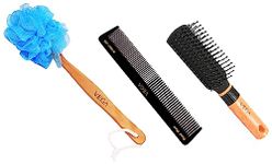 Vega Mini Flat Brush with Wooden Colored Handle and Black Colored Brush Head & Vega Wooden Handle Bath Brush (Color May Vary) & Vega Half Coarse and Half Fine General Grooming Comb, Black