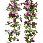 JUSTOYOU 2pcs 7.8FT Double Color Artificial Fake Rose Garland Vines Hanging Silk Flowers Artificial Flower for Outdoor Indoor Wedding Wall Badroom Decoration（Magenta）