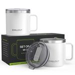 16 oz Stainless Steel Vacuum Insulated Coffee Mug with Handle and Lid, (Set of 2) Large Thermal Camping Coffee Mugs with Sliding Lid for Men & Women - Keeps Your Beverages Hot/Cold for a Long Time - White