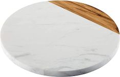 KC KULLICRAFT White Round Marble Serving Board - Cheese Board | Acacia Wooden Serving Tray for Charcuterie, Cheese, Meats, Fruit, Crackers | Cutting Board,Tray, Slab