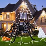 Halloween Decor Large Outdoor Spiders 22FT Giant Halloween Spider Web+59" Large Spider,Triangular Stretch Spider Cobwebs Halloween Decor Yard Scary Spider Props Set (4,Halloween Spider)