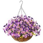 INQCMY Artificial Hanging Flowers in Basket for Outdoors Spring Decoration,Fake Daisy Plants in Coconut Lining Hanging Basket for Outside Home Patio Lawn Garden Decor (Purple)