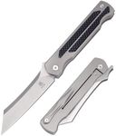 KATSU S35VN Steel Blade Folding Knife,Titanium Pocket Knife for Men Carbon Fiber Handle,Frame Lock Japanese Style Front Flipper EDC Knife with Clip Stonewash Leather Sheath