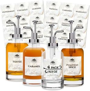 Set of 4 Glass Syrup Bottle with Pump 16.9oz 500 ml – Thick Glass Syrup Dispenser with 18 Marked Labels, Leak-Proof, Easy Cleaning – Coffee Bar Essentials for Home | Event Ready (Silver Pumps)