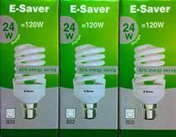 E-Saver - CFL Full Spiral - Energy Saving Light Bulbs -24w = 120 Watt - (Pack of 3) - Daylight 6400k – Bayonet Light Bulb (B22- B22d) - Great for SAD - Snooker, Pool, Hobbies, Crafts, Photography