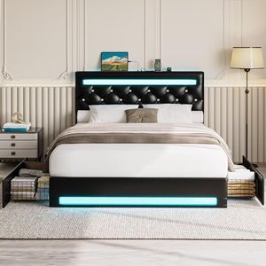 LIKIMIO Full Size Bed Frame with LED Light, PU Leather Platform Bed Frame with 4 Drawers, Adjustable Crystal Button Tufted Headboard, No Box Spring Needed, Black