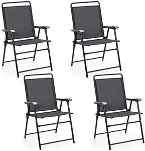 COSTWAY Juego de 4 Sillas Plegables de Jardín, Silla Exterior con Respaldo, Reposabrazos Y Reposapiés, de Textileno, Almohadillas Antideslizantes, para Piscina, Patio, Jardín, 59 x 63 x 92 cm