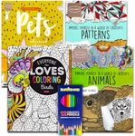 Adult Coloring Books Value Set -- 4 Assorted Coloring Books for Adults with Colored Pencils Kit (Over 120 Stress Relieving Patterns)