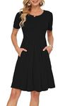 AUSELILY Summer Dresses for Women UK Short Sleeve Pleated Loose Swing Casual Dress with Pockets Knee Length Black S