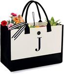 BeeGreen Womens Gifts Personalized Gifts 13oz Canvas Monogram Tote Bag for Mom Teacher Birthday Gifts, Natural & Black, 17"wide + 12.5"tall + 6.7", Button-j