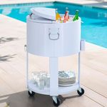 SUNJOY 60 Quart Rooling Ice Chest Cooler Cart, Portable Patio Party Bar Drink Cooler Cart, Beverage Bar with Bottle Opener and Shelf, White