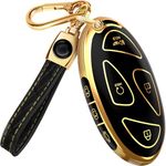 for Hyundai IONIQ 6 Key Fob Cover and Leather Keychain, 7 Buttons Full Cover Key Case for Santa Fe, Grandeur, KONA, Elantra - 2022-2025 TPU Keyfob Cover for NYOMBEC7FOB2208 - Black and Gold