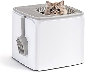 IRIS USA Premium Square Top Entry Cat Litter Box with Scoop, Kitty Litter Pan with Litter Particle Catching Cover and Privacy Walls, White/Gray