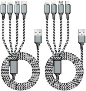 Puxnoin Multi Charging Cable 6FT 2Pack Multi Charger Cable 4 in 1 Universal Multiple USB Cable Fast Charging Cord with Type-C, Micro USB Port for Most Cell Phone, Tablets, 14-P4IN1-6FT-GREY