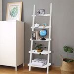 COSTWAY 4/5 Tier Wall Rack, Wooden Display Ladder Shelf, Bookcase Leaning Shelving Unit Organiser Flower Plant Stand for Living Room, Kitchen and Bathroom (60 x 30 x 190cm, White)