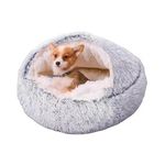 Cat Bed Round Fluffy Hooded Cat Bed Cave, Anti-Anxiety Cave Bed with Hooded Blanket, Cozy Cuddler Luxury Puppy Pet Bed, Anti-Slip Bottom and Machine Washable (Medium, Grey)