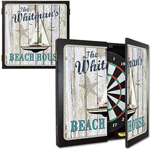 THOUSAND OAKS BARREL CO. | Personalized Dart Board Cabinet Set for Adults with 6 Steel Tip Darts (Summer Beach House Dartboard)