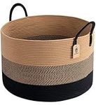 Goodpick XXXLarge Cotton Rope Basket, Woven Storage Basket 21" x 14" Blanket Basket for Living Room Laundry Basket for Pillows Toys Clothes Hamper Wicker Basket with Handles, Black Jute Stripes