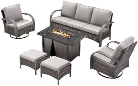 HUMMUH Patio Conversation Sets with Fire Pit-All Weather Wicker Outdoor Swivel Chair with Patio Couch Outdoor Patio Furniture for Deck Porch Garden Poolside Backyard-Brown/Grey