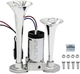 Upgraded 12V Air Horn Kit 600DB - Dual Trumpet Train Horn for Pickup Trucks, Heavy Duty Vehicles, Motorcycles & Boats with High-Pressure Compressor Silver