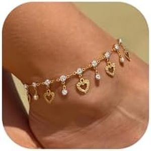 U7 Heart Charm Anklets 18k Gold Plated White Rhinestone Foot Bracelet Jewelry For Women, 8.5"+2" Extender