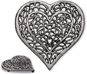 Cast Iron Heart Trivet | Decorative Cast Iron Trivet for Kitchen Countertop Or Dining Table | Vintage Design | 6.75X6.5 | with Rubber Pegs/Feet - Recycled Metal | Silver with Black