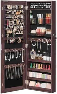 SONGMICS Jewelry Cabinet Armoire, Lockable Wall-Mounted Organizer Unit with 2 Plastic Cosmetic Storage Trays, Full-Length Frameless Mirror, Christmas Gifts, Brown UJJC001K01