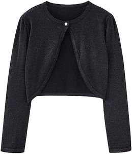 UMELOK Girls' Sparkly Cardigan Crew-Neck Long Sleeve Bolero Sparkle Shawl Sweaters Shrug Sparkly Black, 11-12Y