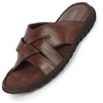 FAUSTO FST KI-506 BROWN-43 Men's Brown Genuine Leather Multi Cross Strap Open Toe Suede Leather Insole Slippers (9 UK)