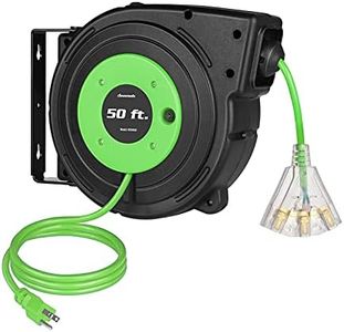 DEWENWILS Retractable Extension Cord Reel, 50 FT Heavy Duty Power Cord, 14AWG/3C SJTOW, 3 Grounded Outlets Lighted Triple Tap, 13 Amp Circuit Breaker, UL Listed