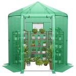 HAPPYGRILL Walk-in Greenhouse, 7’x6’x7.5’ Outdoor Heavy Duty Greenhouse with PE Cover, Mesh Window & Roll-Up Door, Portable Greenhouse for Plant Gardening with Anchors & Ropes