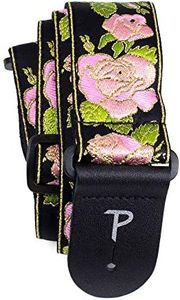 Perris Leather Guitar Strap - Flower Pattern Jacquard Ribbon Guitar Strap, with Leather Ends - Electric/Acoustic/Bass Guitar Strap - Adjustable Strap From 39″ to 58″ - Black/Pink (TWS-7250)